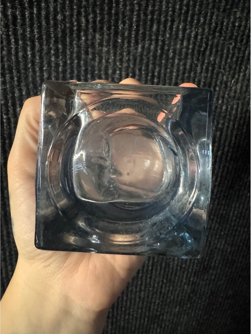 Vintage Clear Glass Candle Holder with Embossed Profile Design